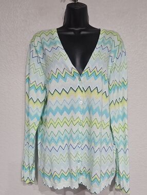 Liz Claiborne | Women's Pastel Blue Green Yellow Chevron Cardigan Sweater Sx 1X